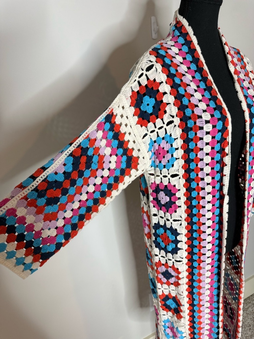 Crochet Granny Square Long Open Front Cardigan Duster Boho Cream Red Blue Medium - Picture 6 of 9